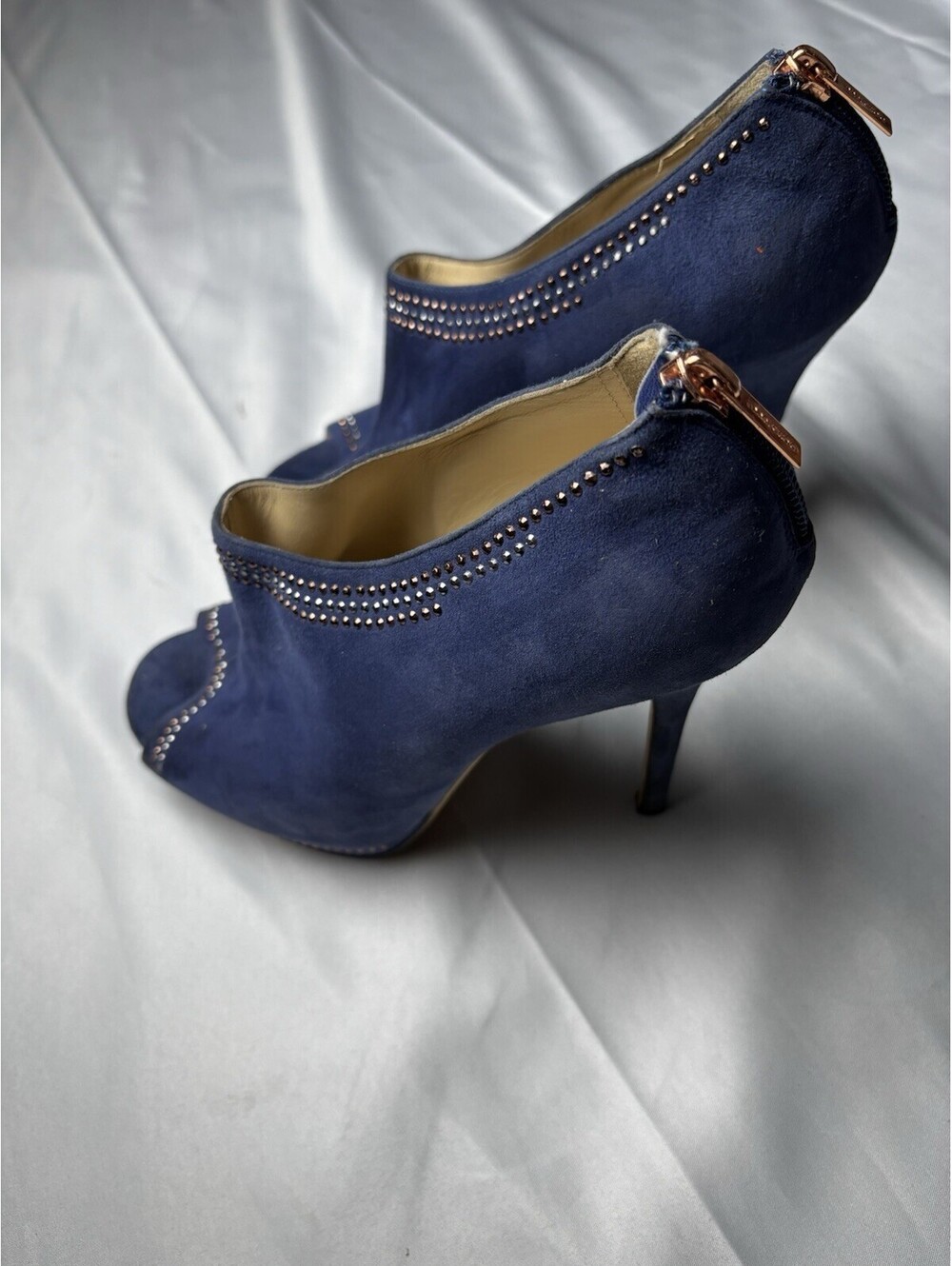 Jimmy Choo Navy Blue Suede Peep Toe High Heel Booties with Z - Picture 9 of 10